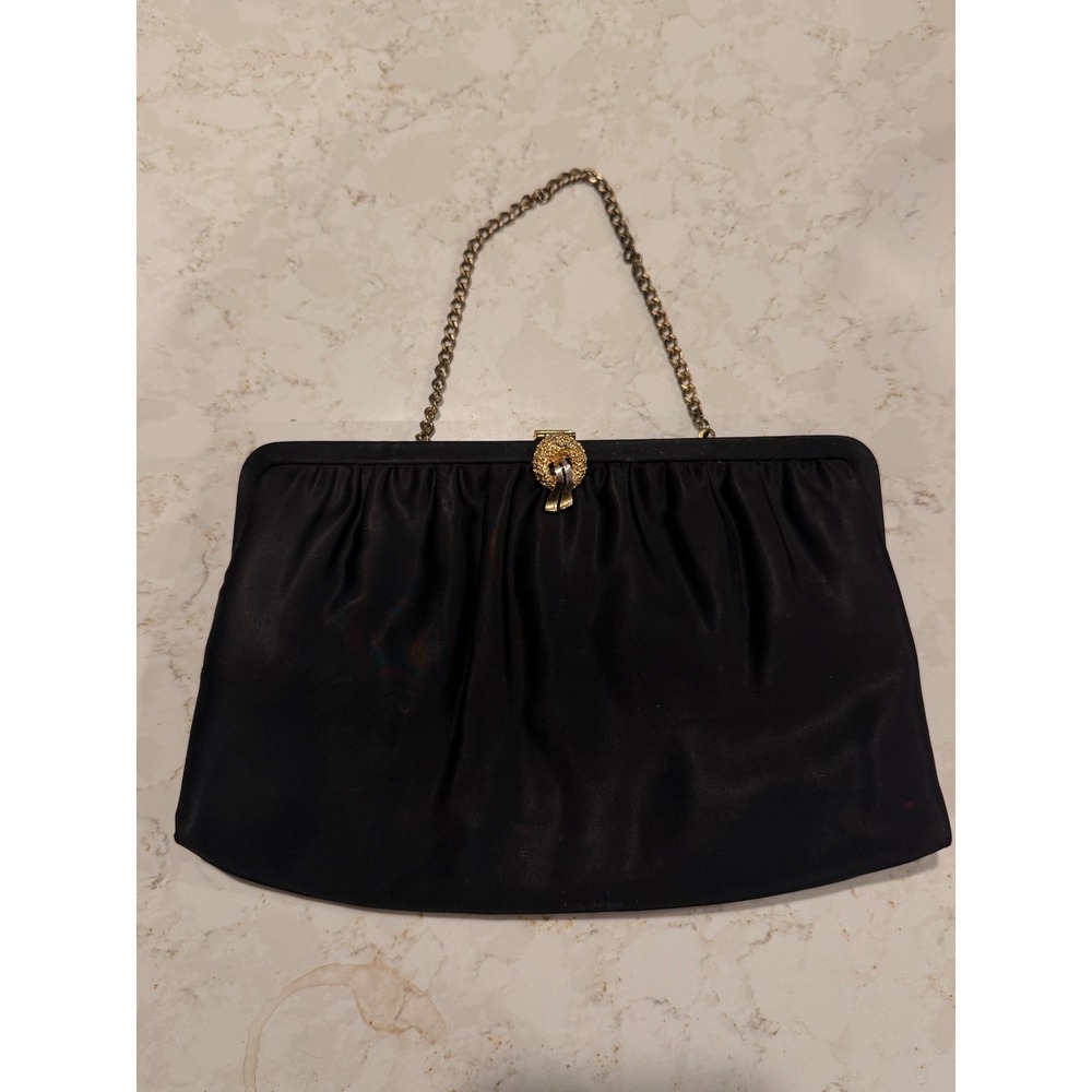 Vintage Black Satin Evening Clutch Gold Wreath Clasp Chain Strap Bag